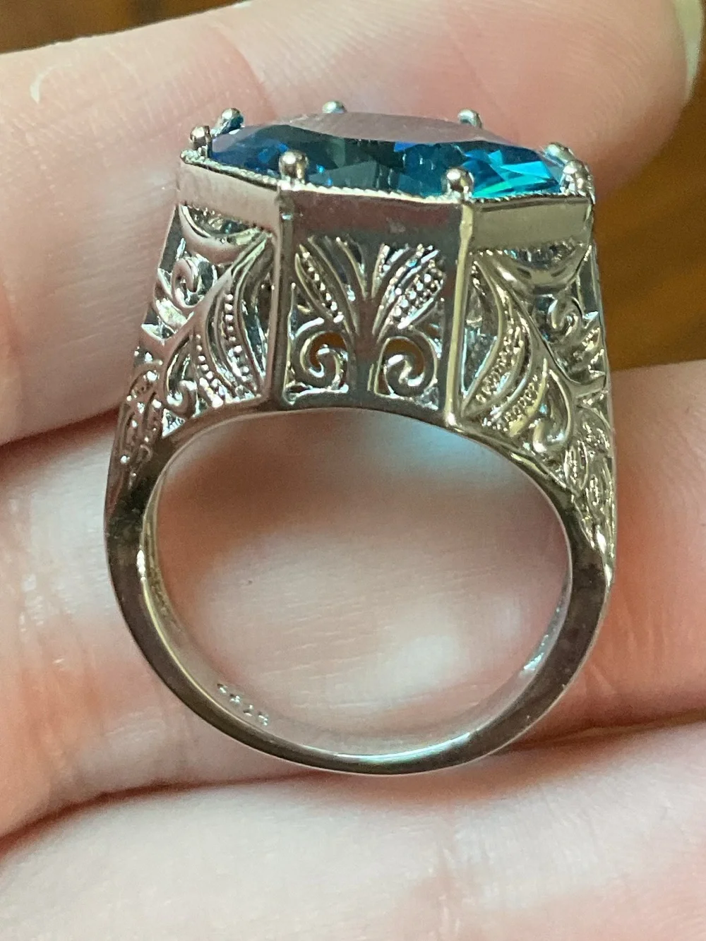 Art Deco Revival Sterling Silver Open Filigree Blue Crystal Ring Size 7